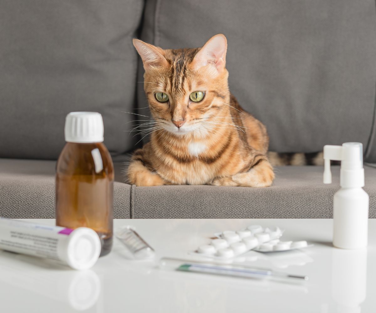 A cat sits on a couch beside a bottle of medicine
